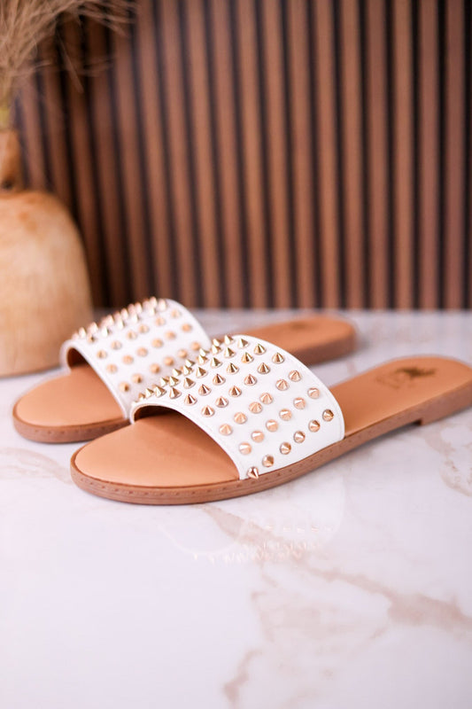 The Flirtini Studded Sandals In White - Whiskey Skies - CAMEL THREADS