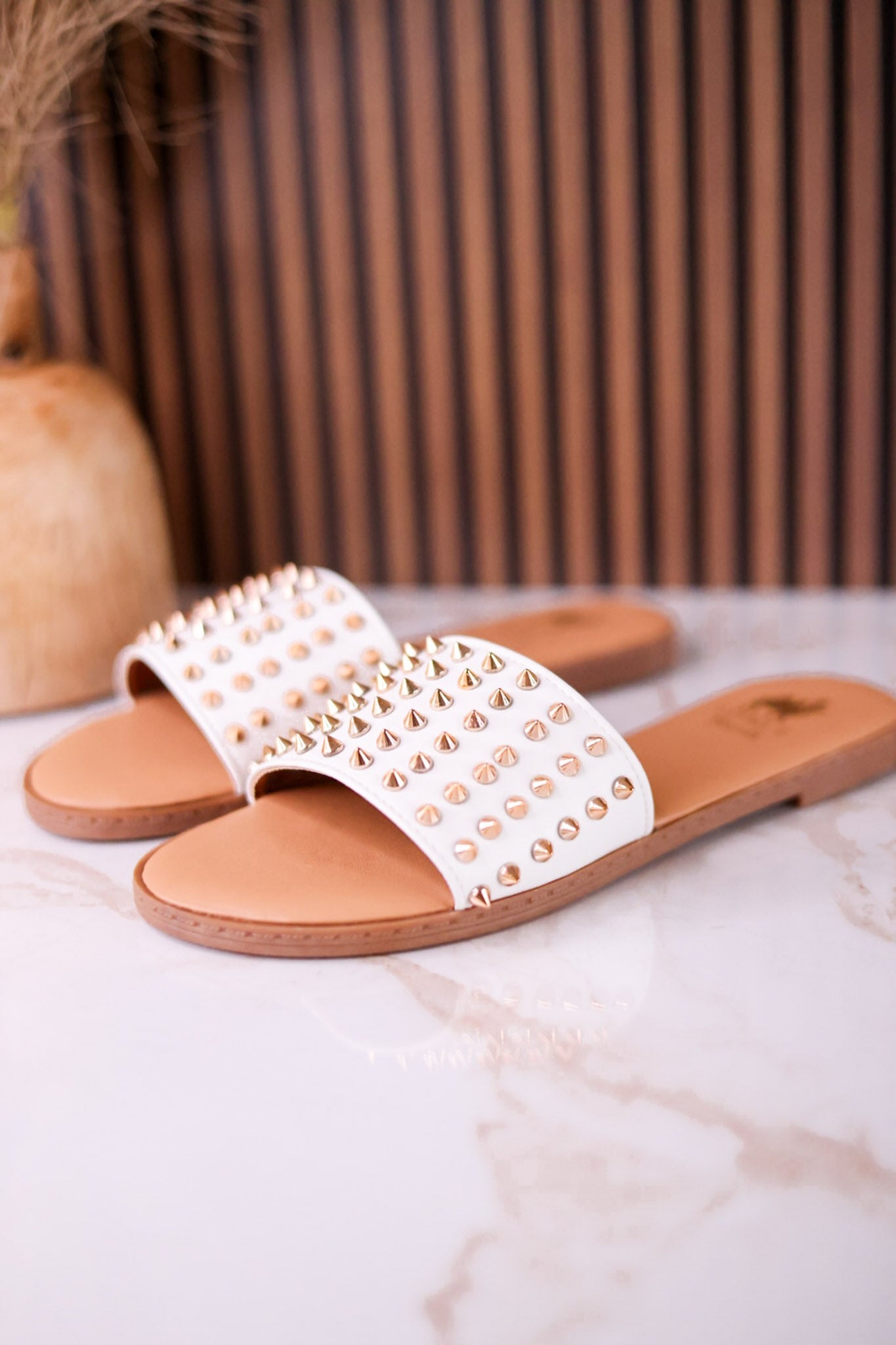 The Flirtini Studded Sandals In White - Whiskey Skies - CAMEL THREADS