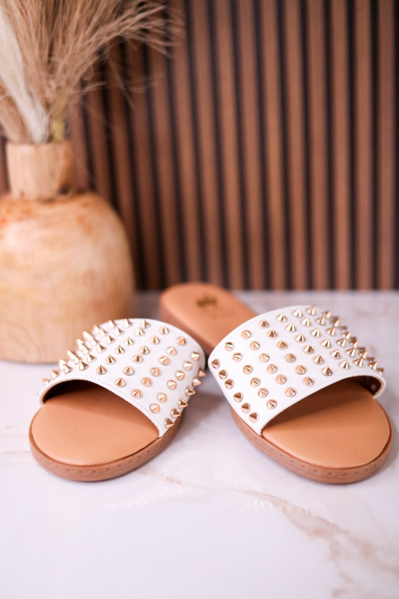 The Flirtini Studded Sandals In White - Whiskey Skies - CAMEL THREADS