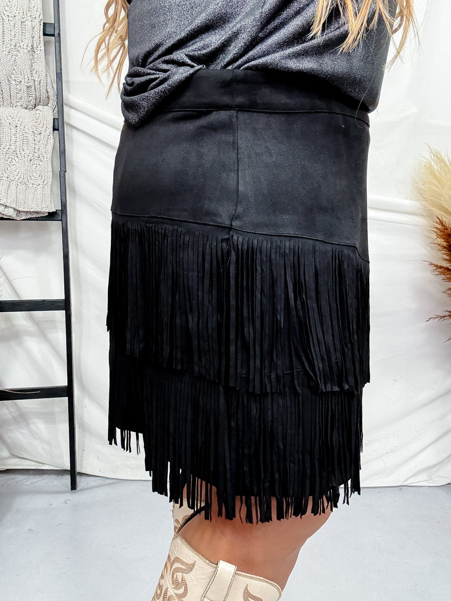 The Fort Worth Fringe Skirt in Black - Whiskey Skies - STERLING KREEK