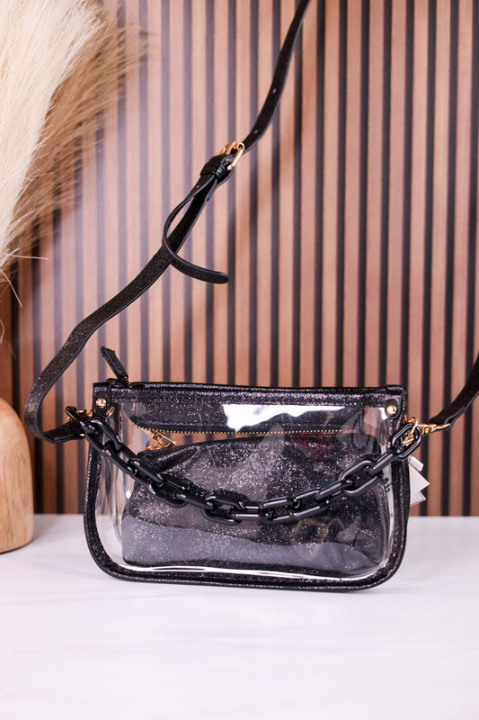 The Jessica Clear Crossbody Bag With Black Glitter Outline - Whiskey Skies - JEN & CO