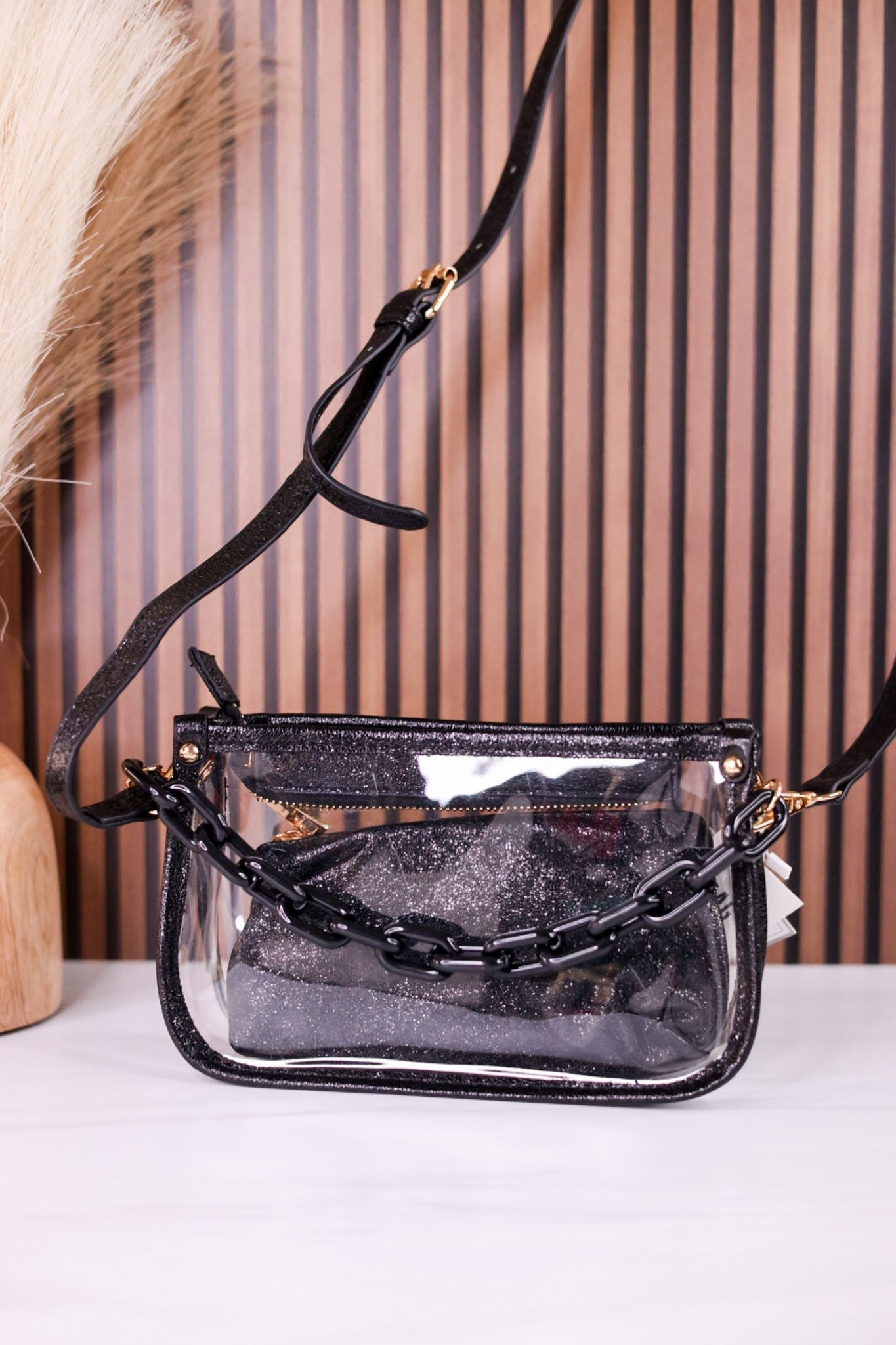 The Jessica Clear Crossbody Bag With Black Glitter Outline - Whiskey Skies - JEN & CO