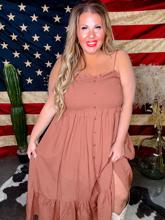 The Jones Smocked Sleeveless Dress in Desert Sand - Whiskey Skies - MIKAROSE
