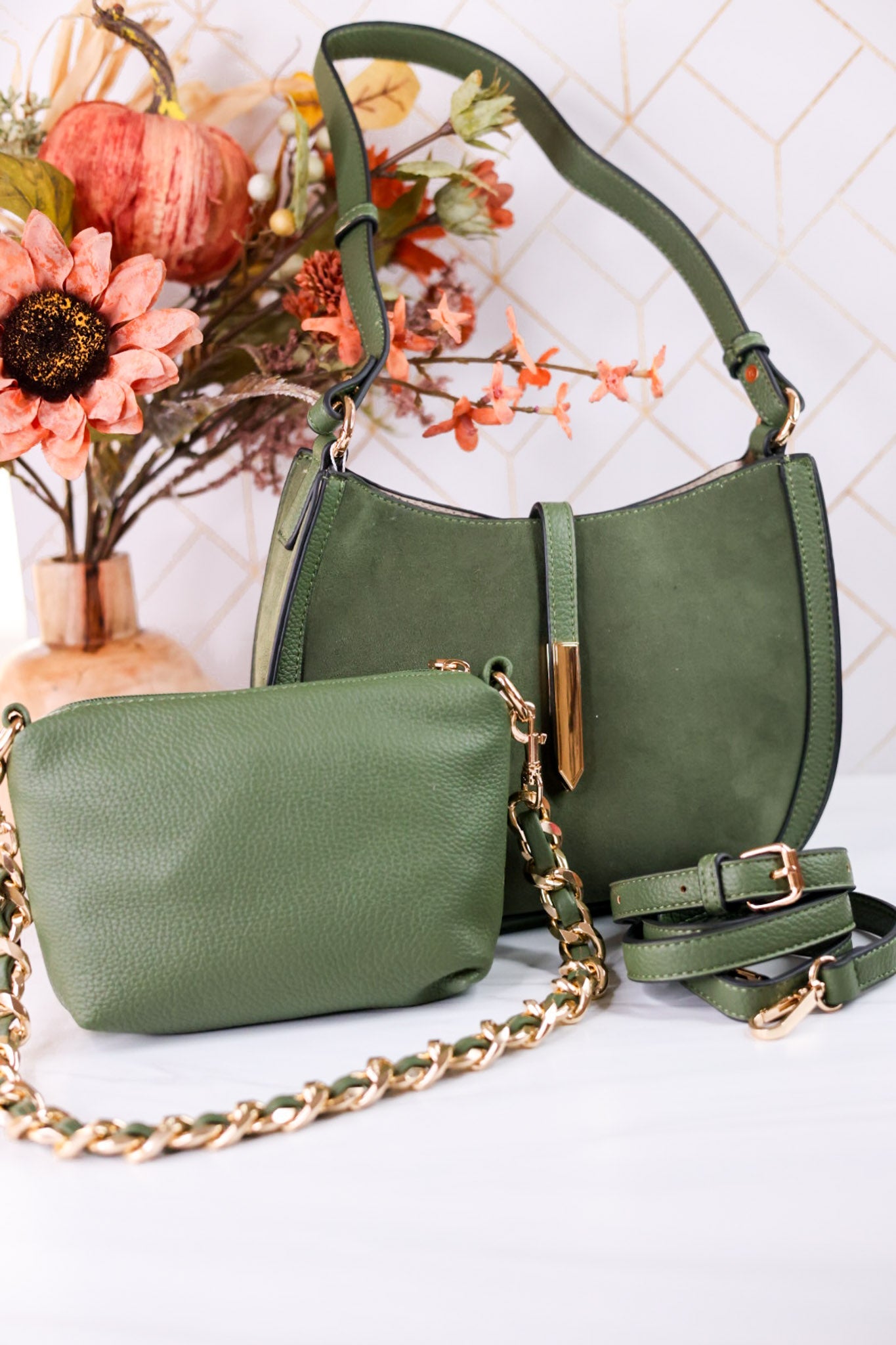 The Luca Suede Crossbody Bag In Moss Green - Whiskey Skies - JEN & CO
