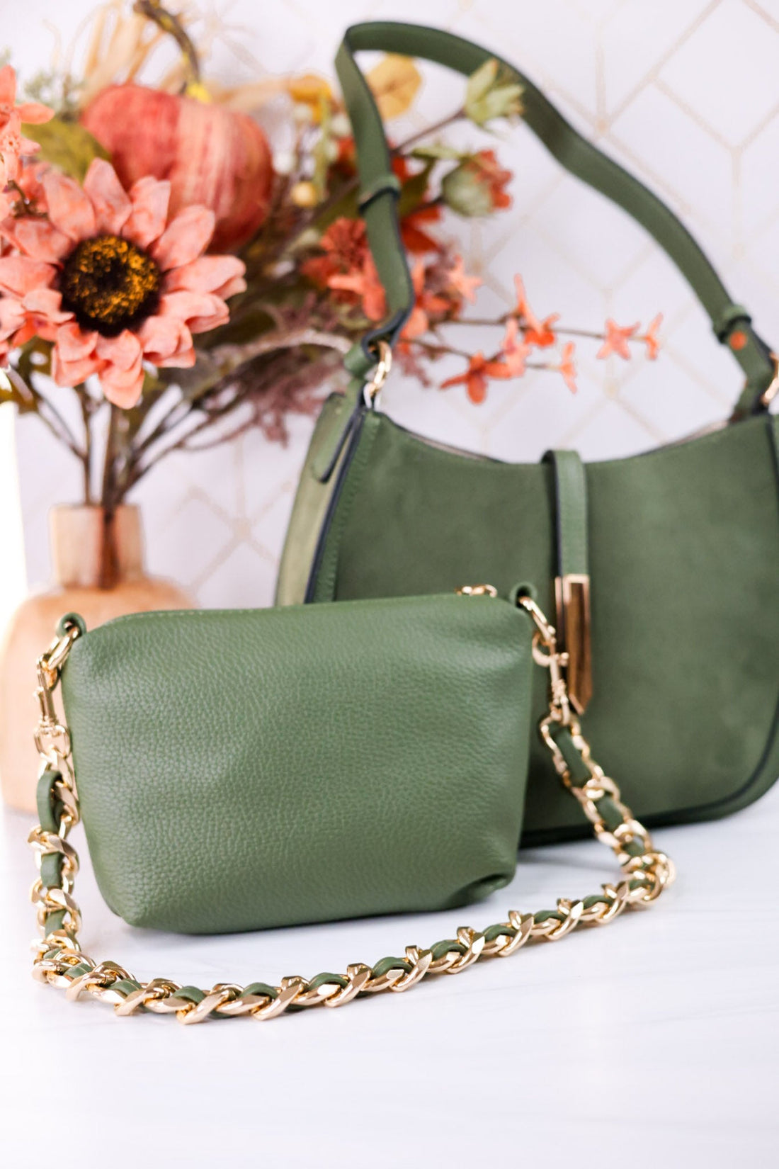 The Luca Suede Crossbody Bag In Moss Green - Whiskey Skies - JEN & CO