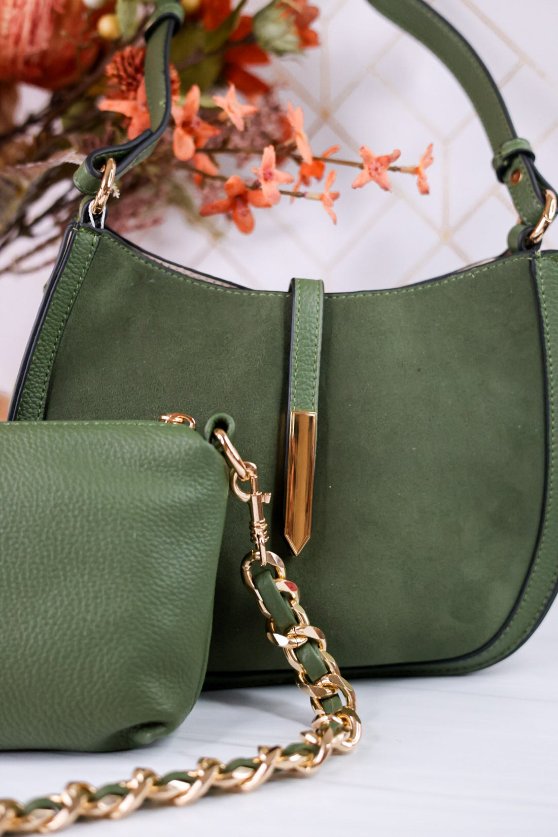 The Luca Suede Crossbody Bag In Moss Green - Whiskey Skies - JEN & CO