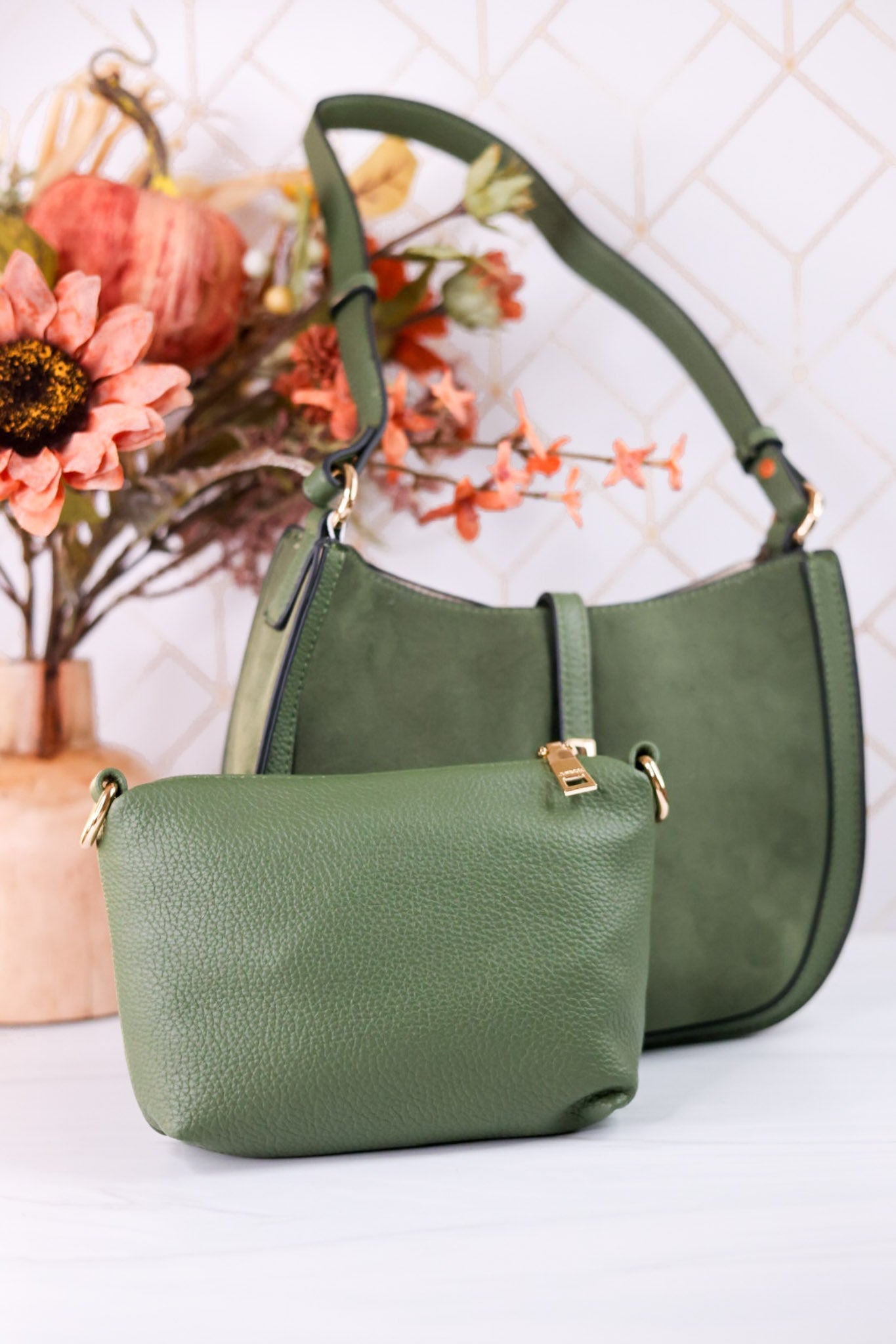 The Luca Suede Crossbody Bag In Moss Green - Whiskey Skies - JEN & CO