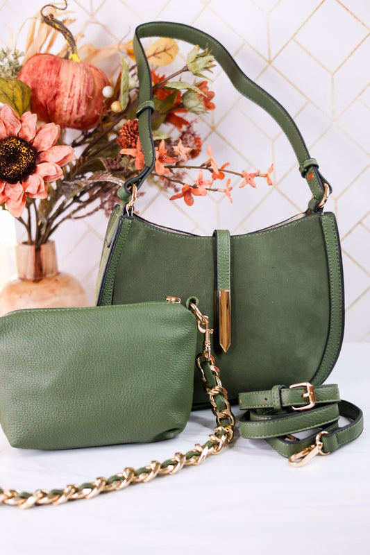 The Luca Suede Crossbody Bag In Moss Green - Whiskey Skies - JEN & CO