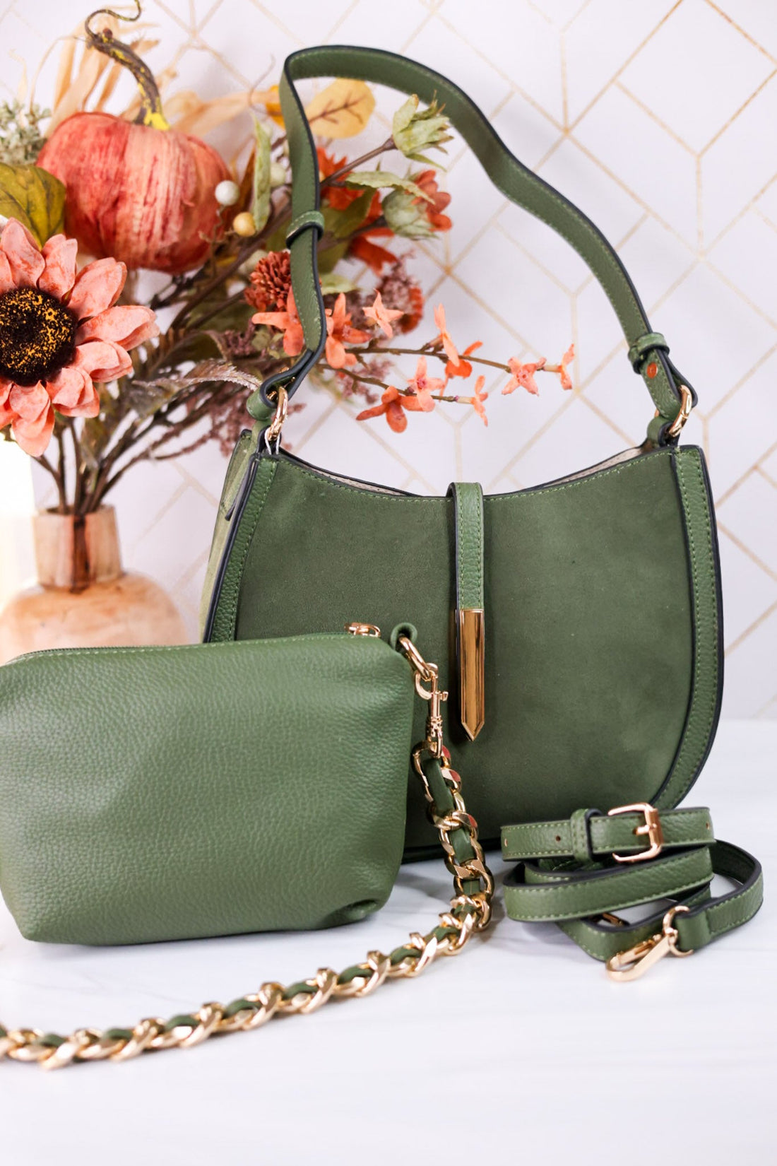 The Luca Suede Crossbody Bag In Moss Green - Whiskey Skies - JEN & CO