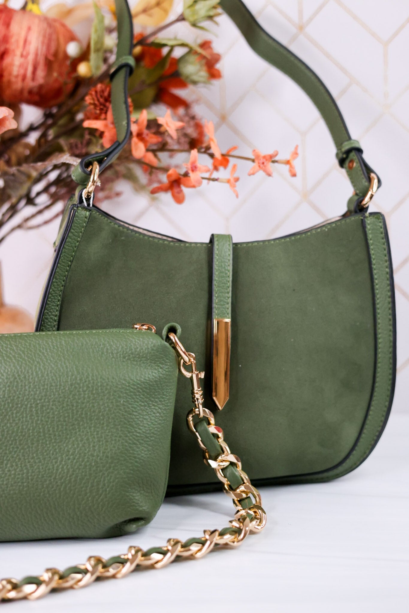 The Luca Suede Crossbody Bag In Moss Green - Whiskey Skies - JEN & CO