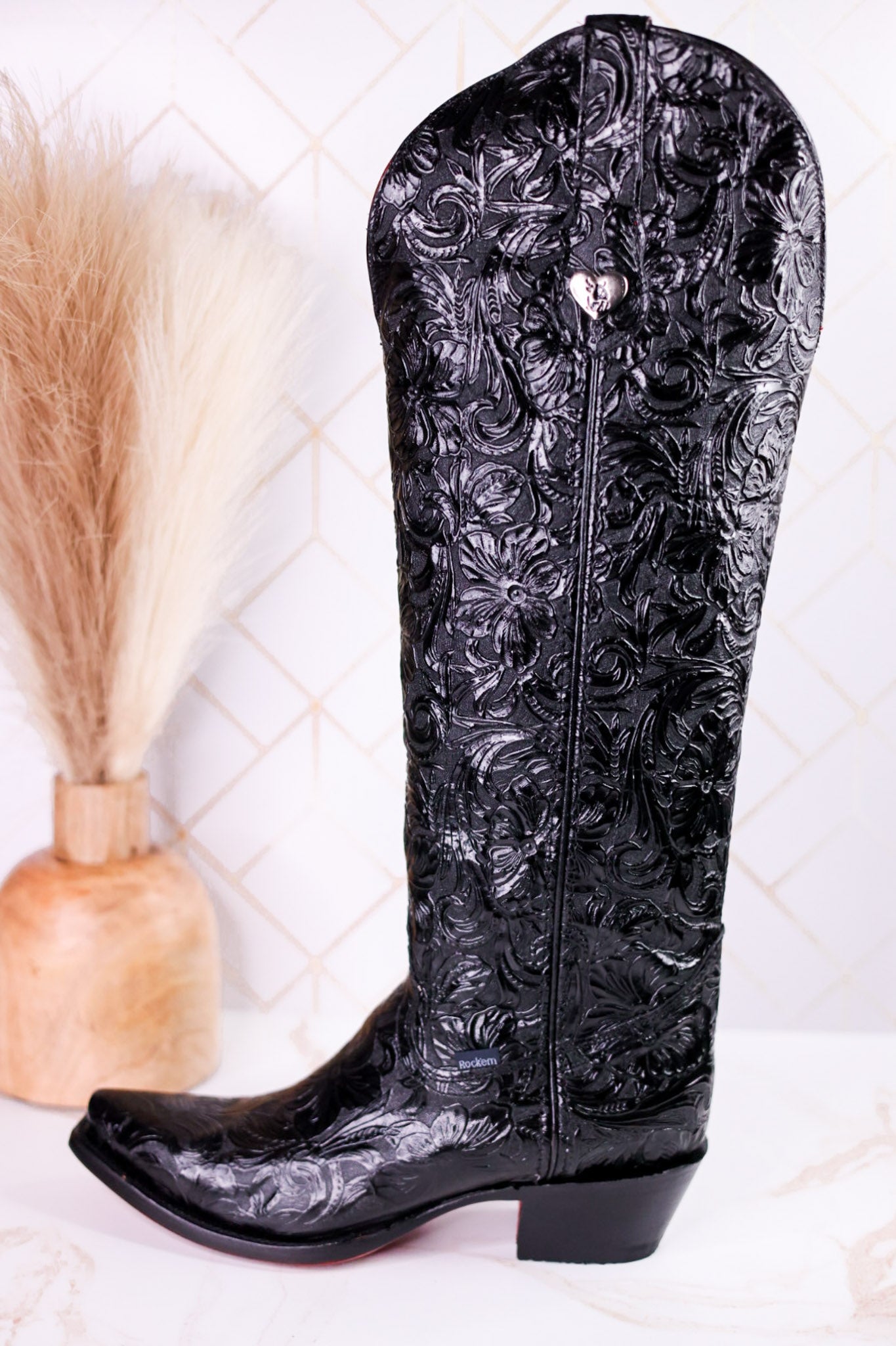 The "Nancy" Tall Black Wide Calf Leather Cowgirl Boots - Whiskey Skies - ROCKEM