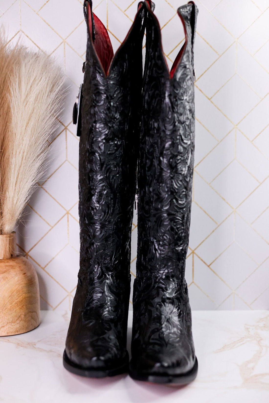 The "Nancy" Tall Black Wide Calf Leather Cowgirl Boots - Whiskey Skies - ROCKEM