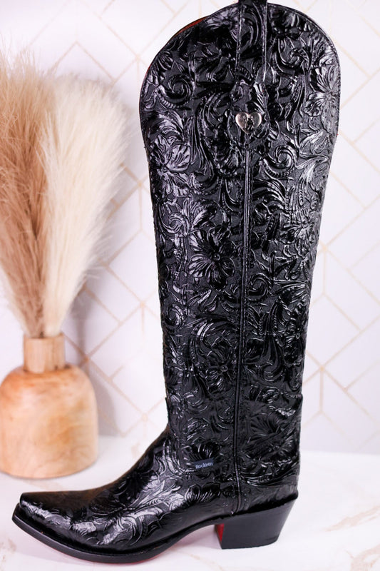 The "Nancy" Tall Black Wide Calf Leather Cowgirl Boots - Whiskey Skies - ROCKEM