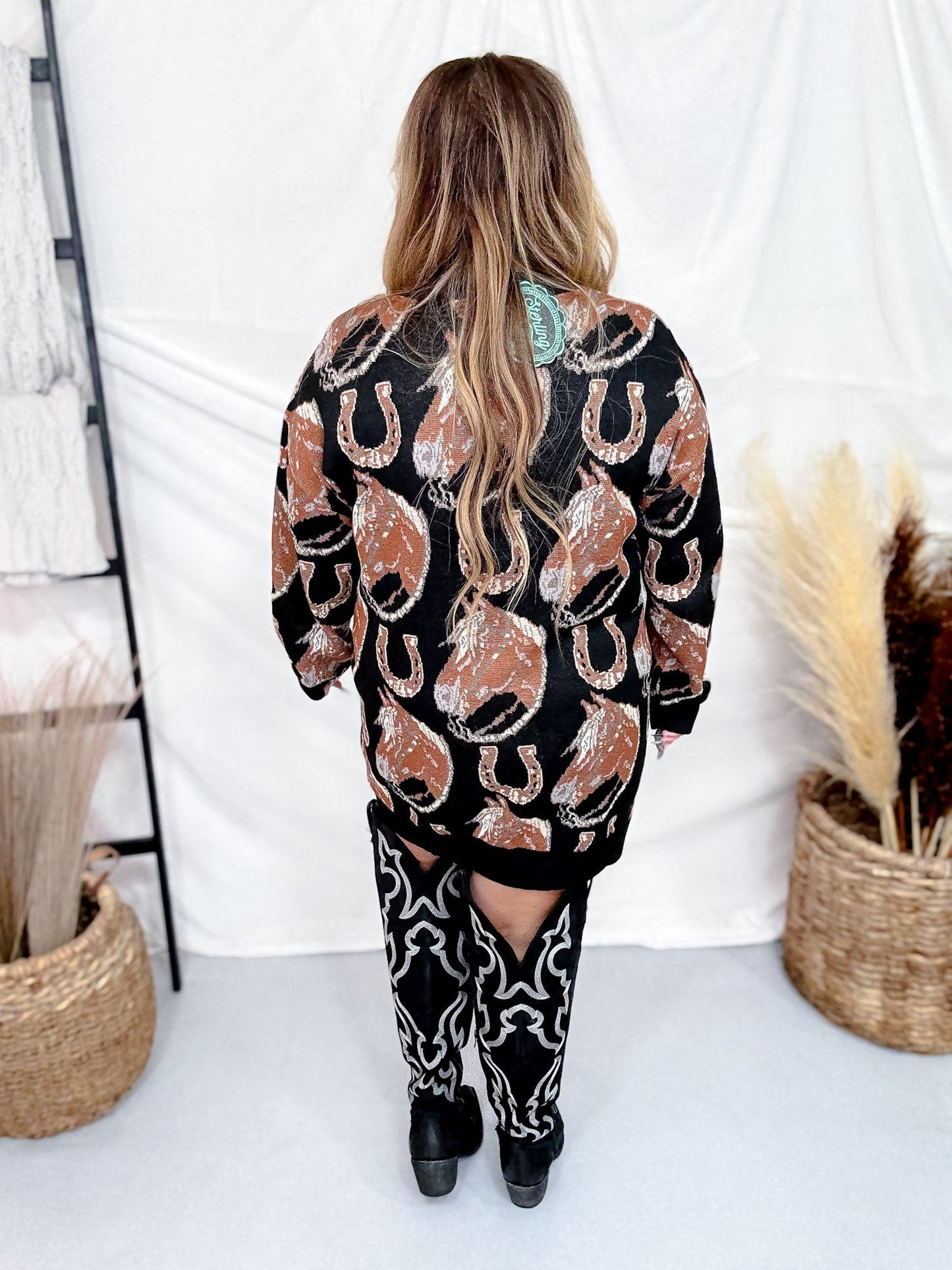 The Ruidoso Western Horse & Horseshoe Long Sleeve Sweater Dress - Whiskey Skies - STERLING KREEK