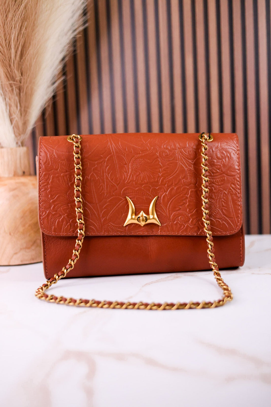 The "Savi" Embossed Leather Bag In Amber Glow - Whiskey Skies - MYRA BAGS