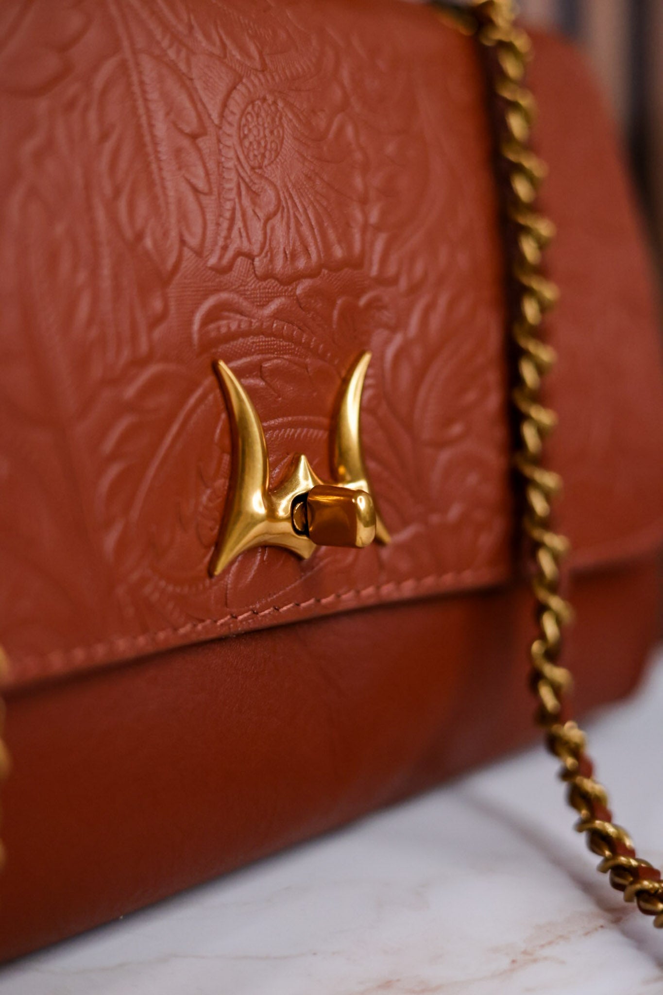 The "Savi" Embossed Leather Bag In Amber Glow - Whiskey Skies - MYRA BAGS