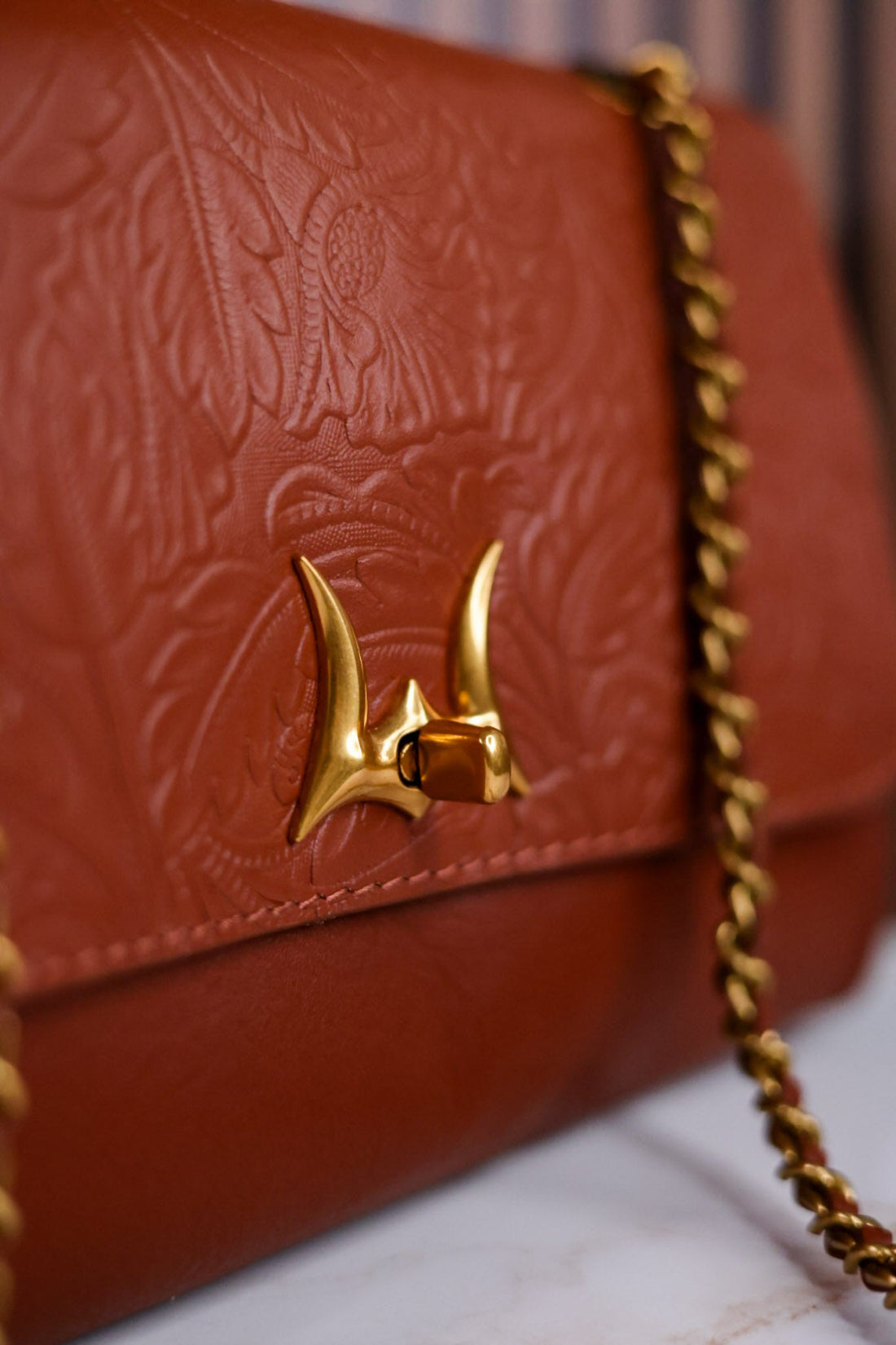The "Savi" Embossed Leather Bag In Amber Glow - Whiskey Skies - MYRA BAGS