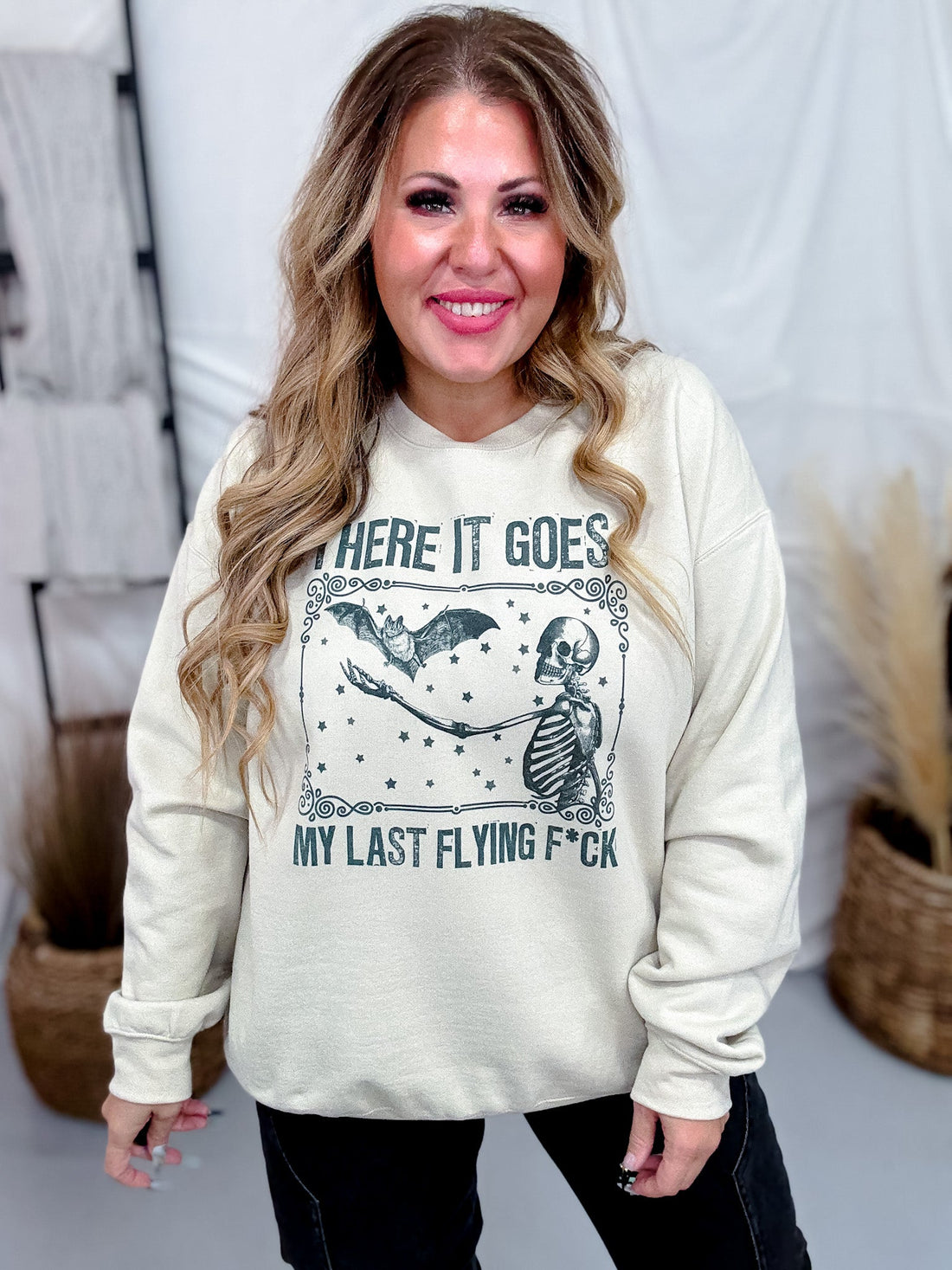 There It Goes My Last Flying Fuck Graphic Skeleton Sweatshirt - Whiskey Skies - H+P WHOLESALE