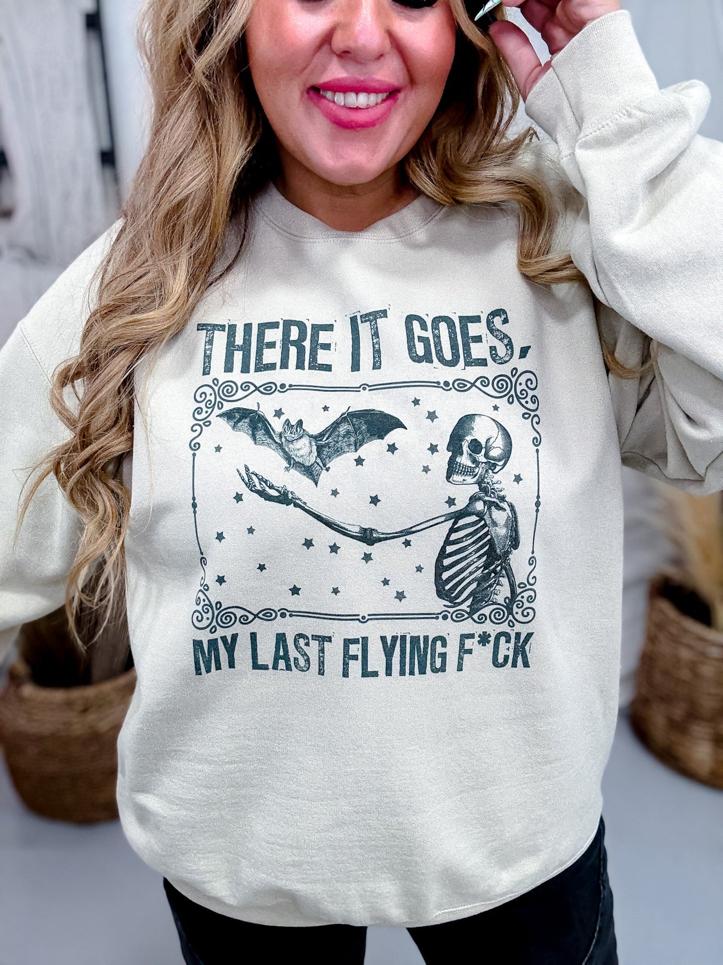 There It Goes My Last Flying Fuck Graphic Skeleton Sweatshirt - Whiskey Skies - H+P WHOLESALE