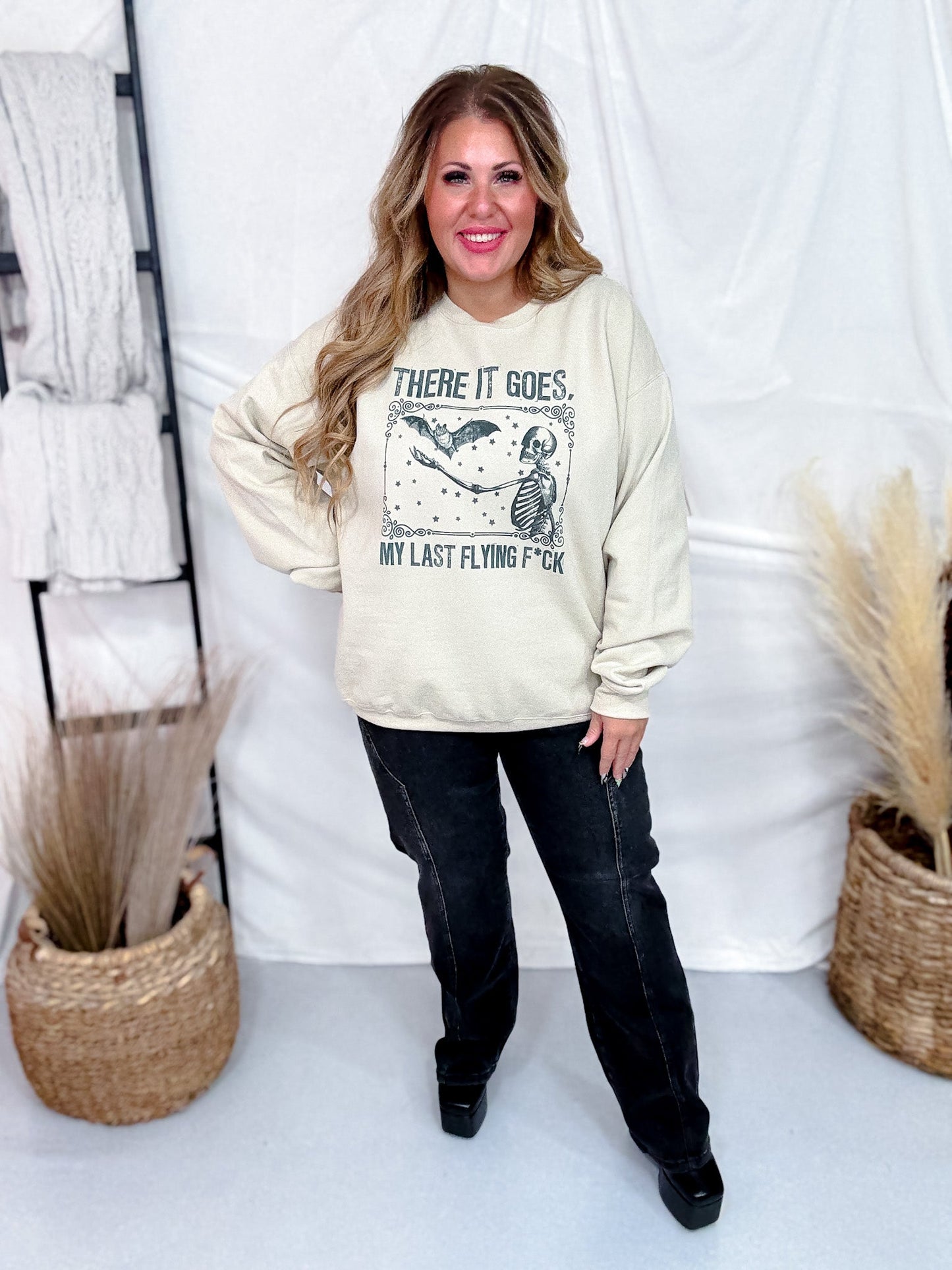 There It Goes My Last Flying Fuck Graphic Skeleton Sweatshirt - Whiskey Skies - H+P WHOLESALE