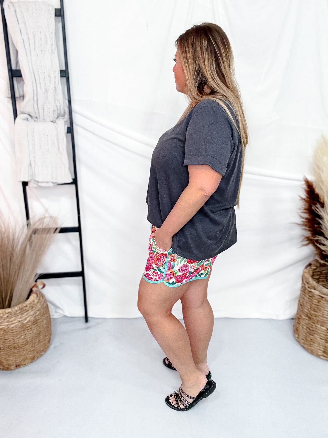 Thrive and Flourish Floral Print Drawstring Shorts - Whiskey Skies - STERLING KREEK