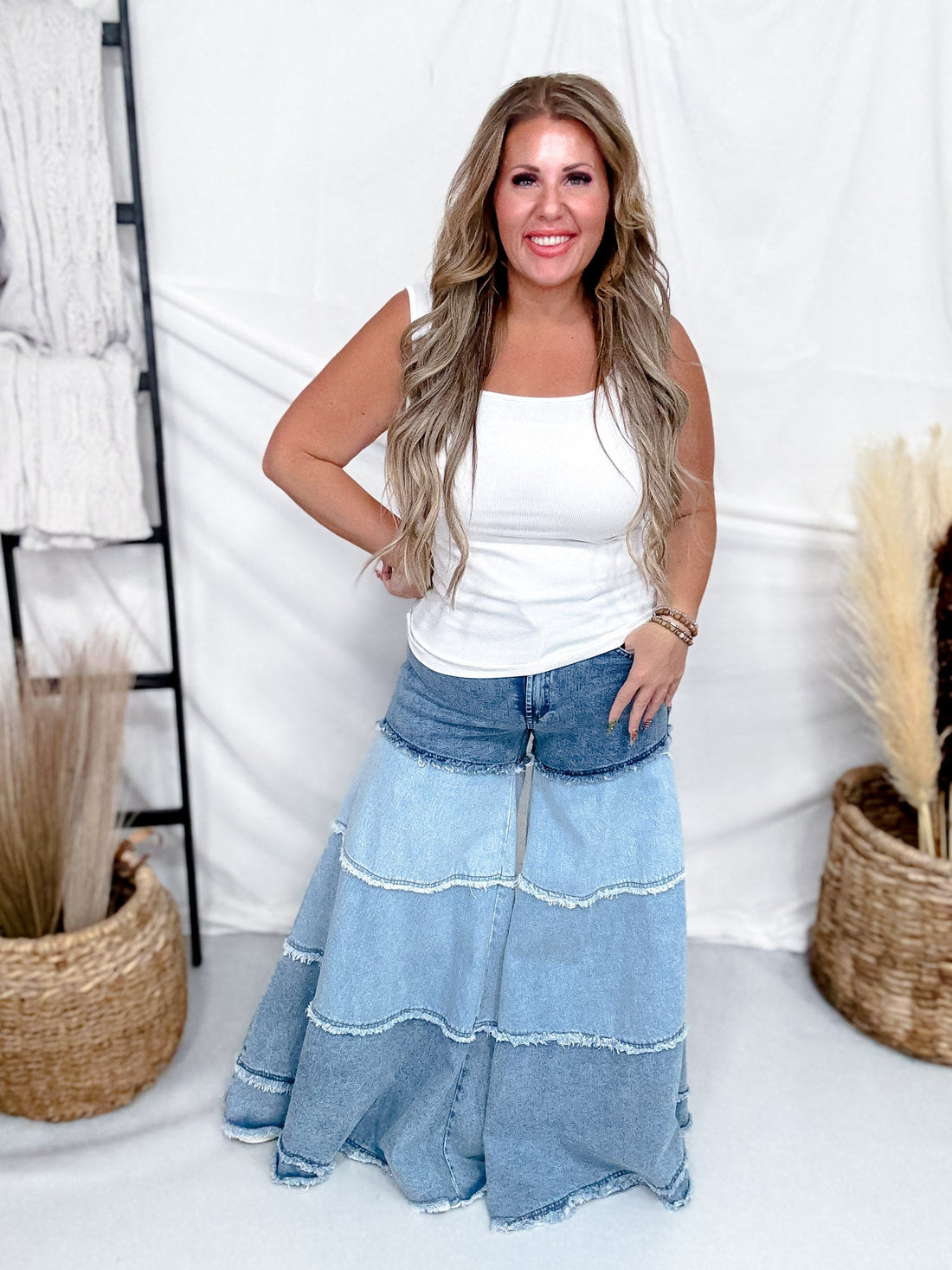 Tiered Contrast Wide Leg Denim Pants - Whiskey Skies - BLUEVELVET