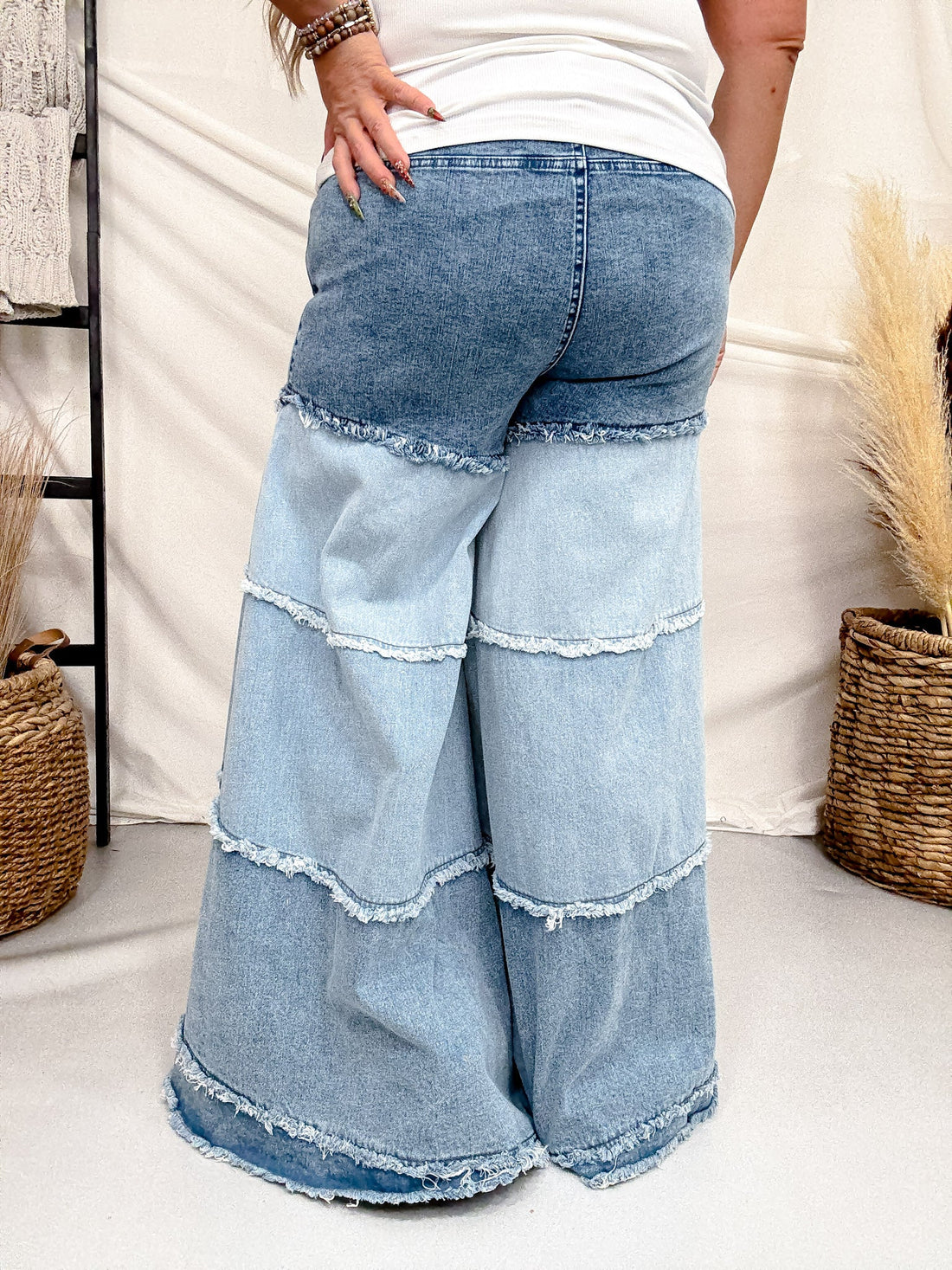 Tiered Contrast Wide Leg Denim Pants - Whiskey Skies - BLUEVELVET