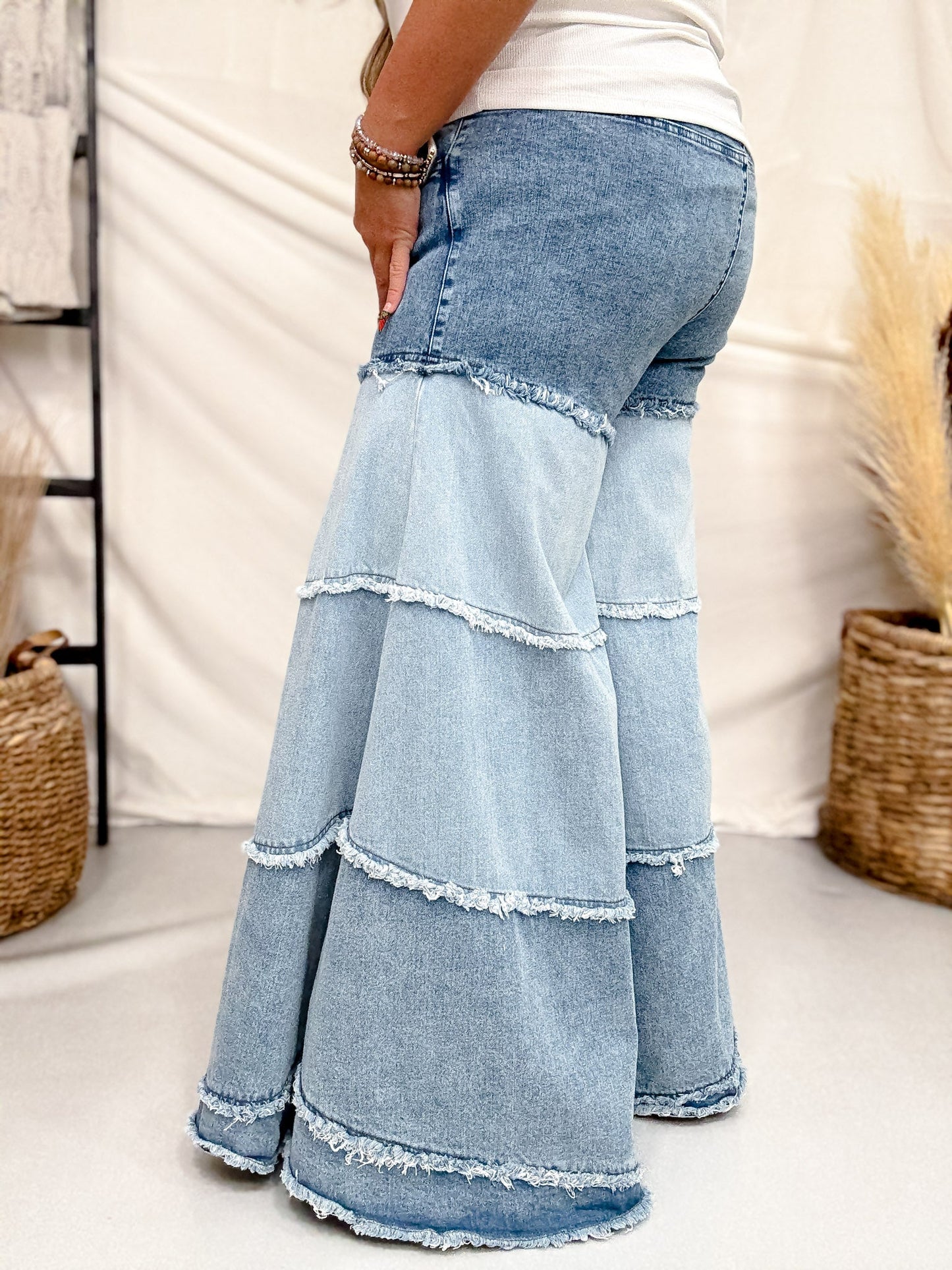 Tiered Contrast Wide Leg Denim Pants - Whiskey Skies - BLUEVELVET
