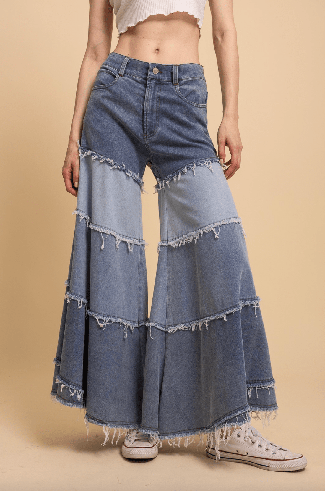 Tiered Contrast Wide Leg Denim Pants - Whiskey Skies - BLUEVELVET