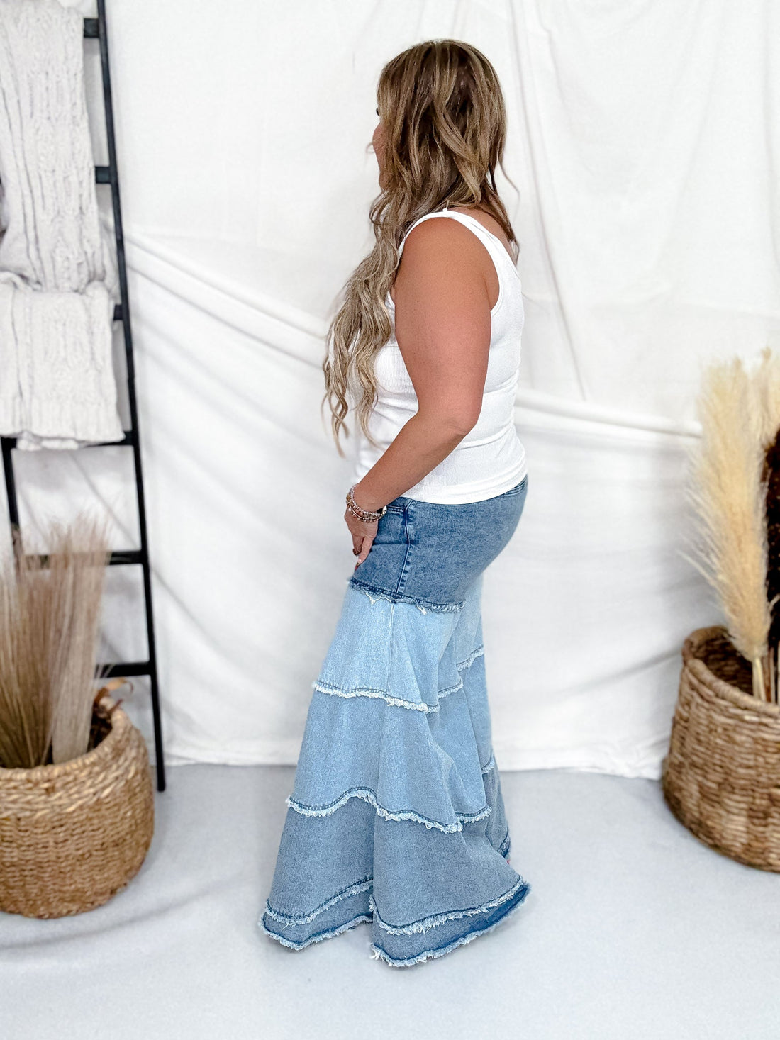 Tiered Contrast Wide Leg Denim Pants - Whiskey Skies - BLUEVELVET