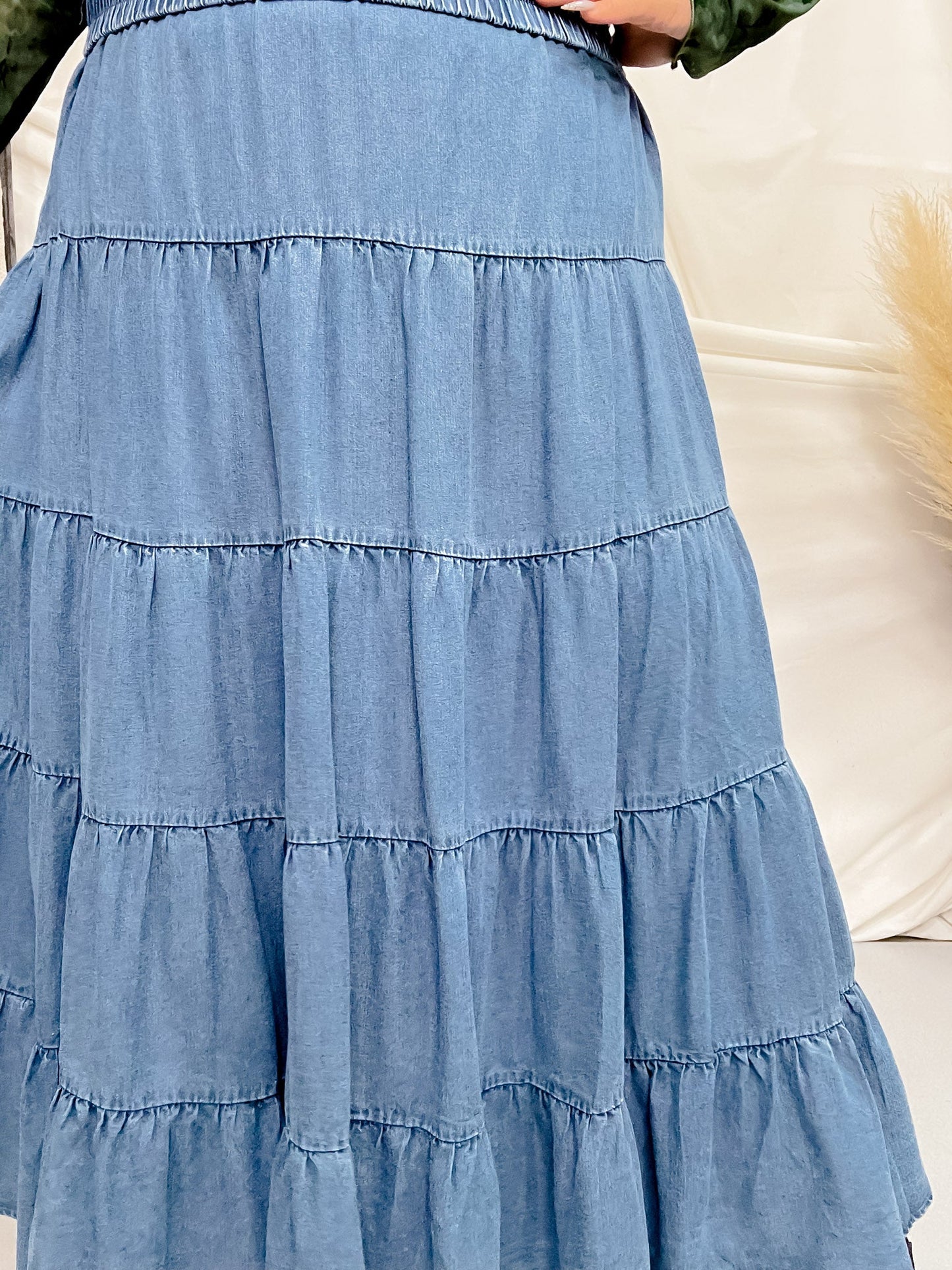 Tiered Denim Skirt with Elastic Waist - Whiskey Skies - HAYDEN