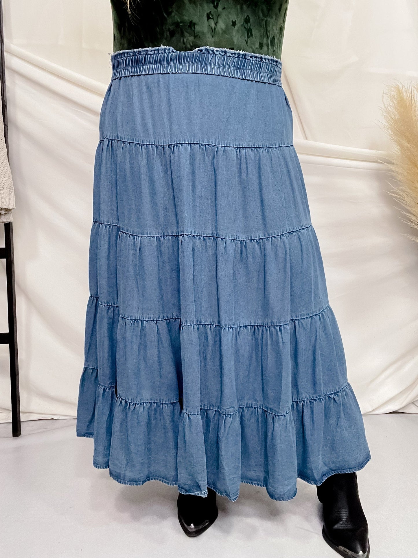 Tiered Denim Skirt with Elastic Waist - Whiskey Skies - HAYDEN