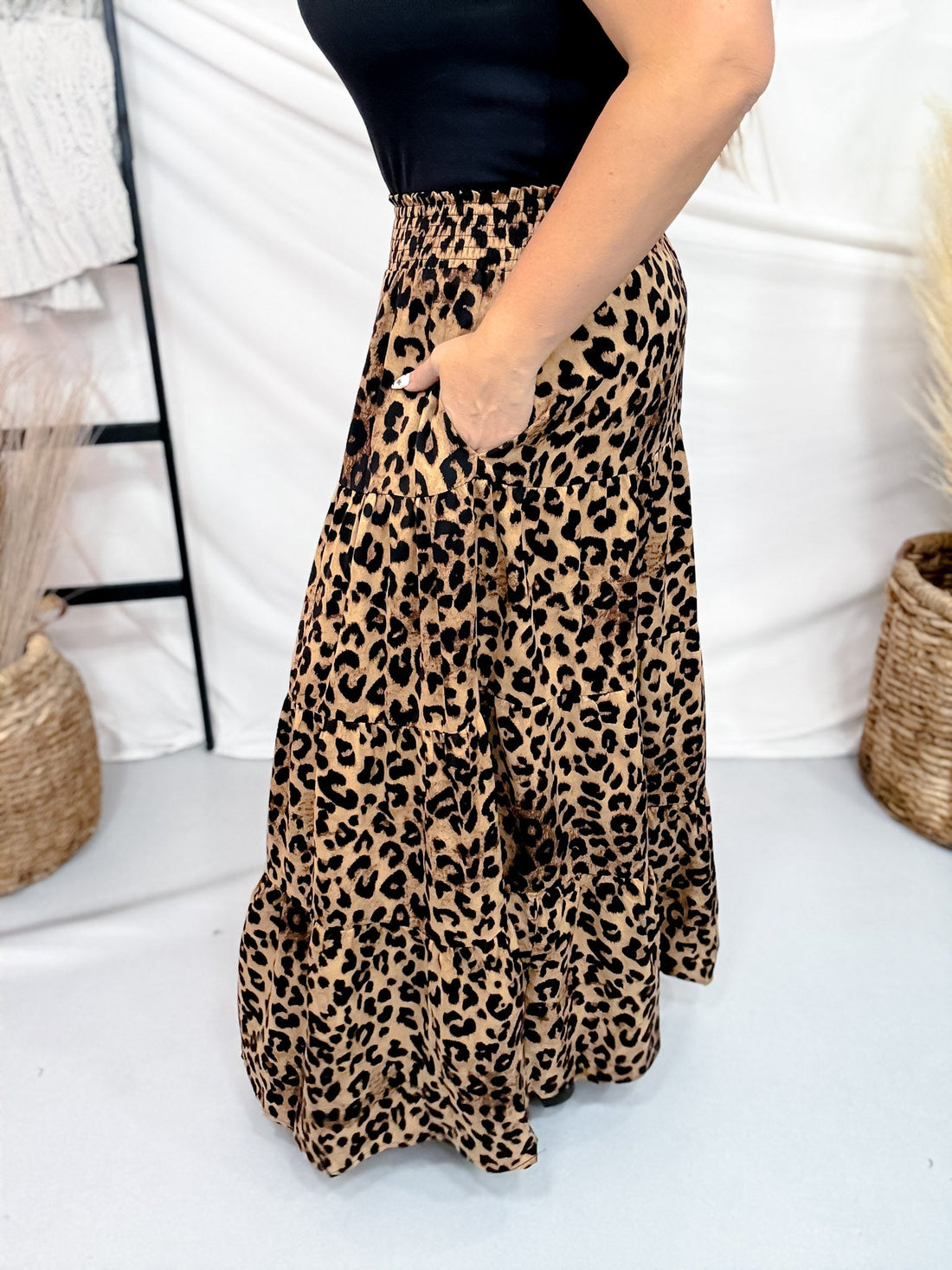 Tiered Leopard Print Midi Skirt With Smocked Waistband - Whiskey Skies - ODDI