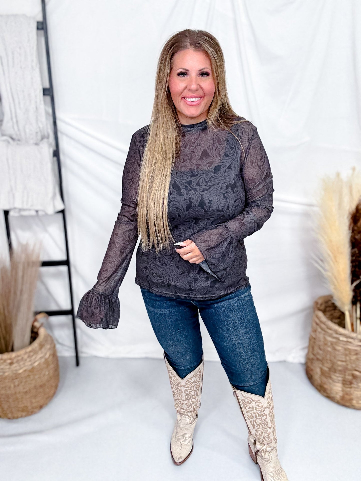 Tooled In Black Mesh Top With Flounce Sleeves - Whiskey Skies - STERLING KREEK