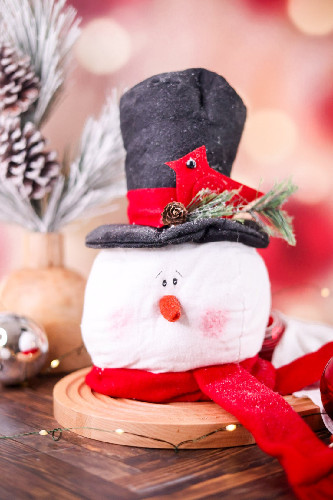 Top Hat And Cardinal Tree Topper Snowman Head - Whiskey Skies - WT COLLECTION