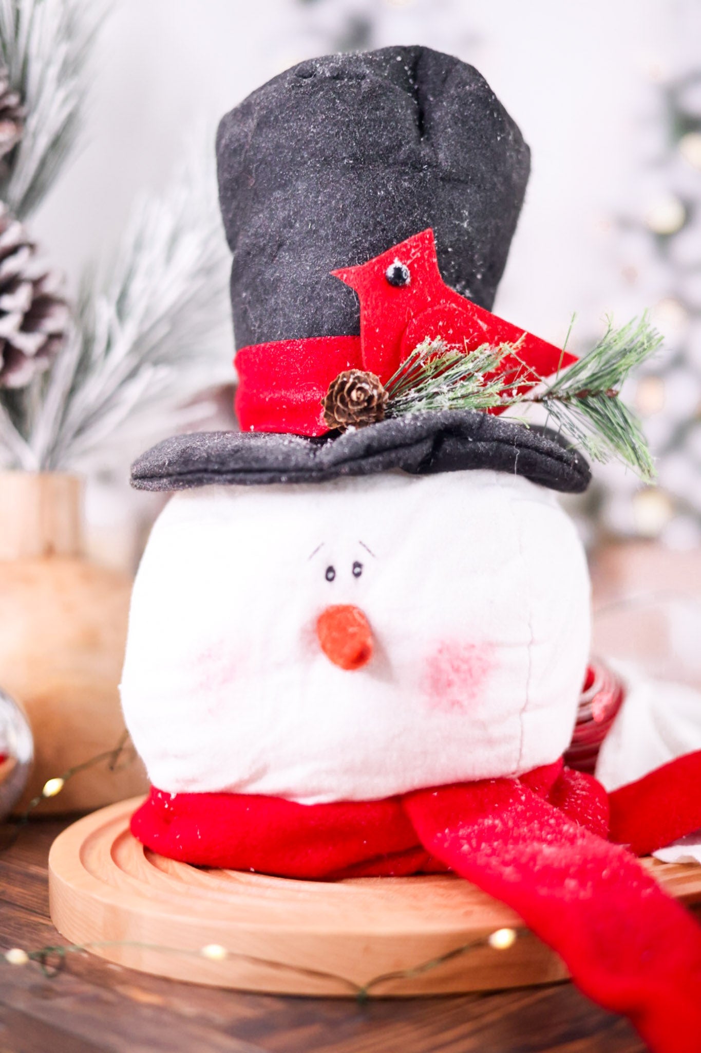 Top Hat And Cardinal Tree Topper Snowman Head - Whiskey Skies - WT COLLECTION