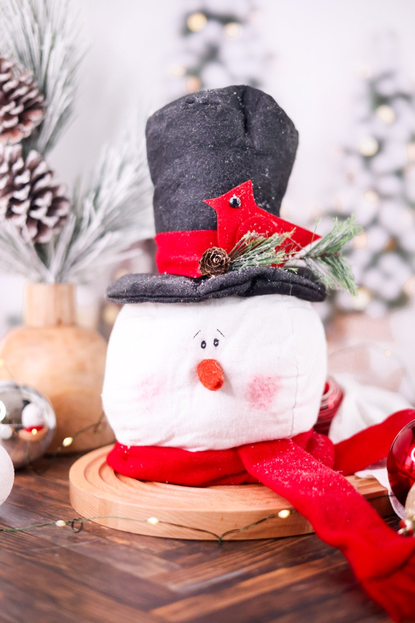 Top Hat And Cardinal Tree Topper Snowman Head - Whiskey Skies - WT COLLECTION