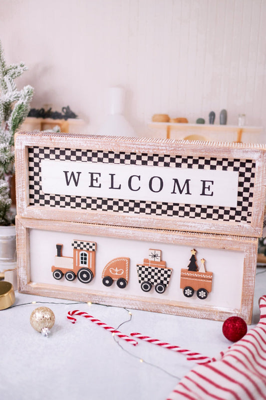 Train/Welcome Reversible Sign in Wooden Frame - Whiskey Skies - ADAMS & CO