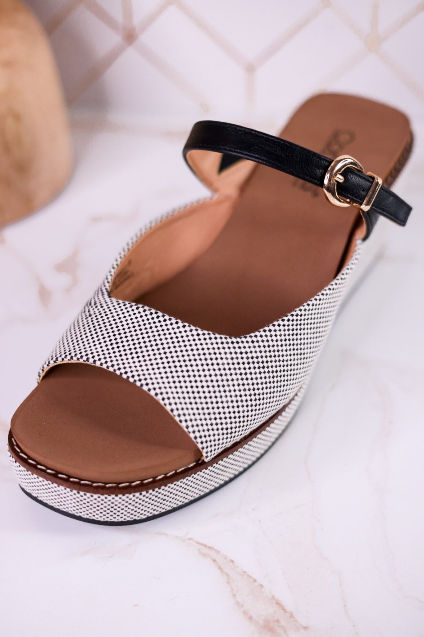 Treat Yourself Black Tweed Peep Toe Wedges - Whiskey Skies - CORKYS FOOTWEAR