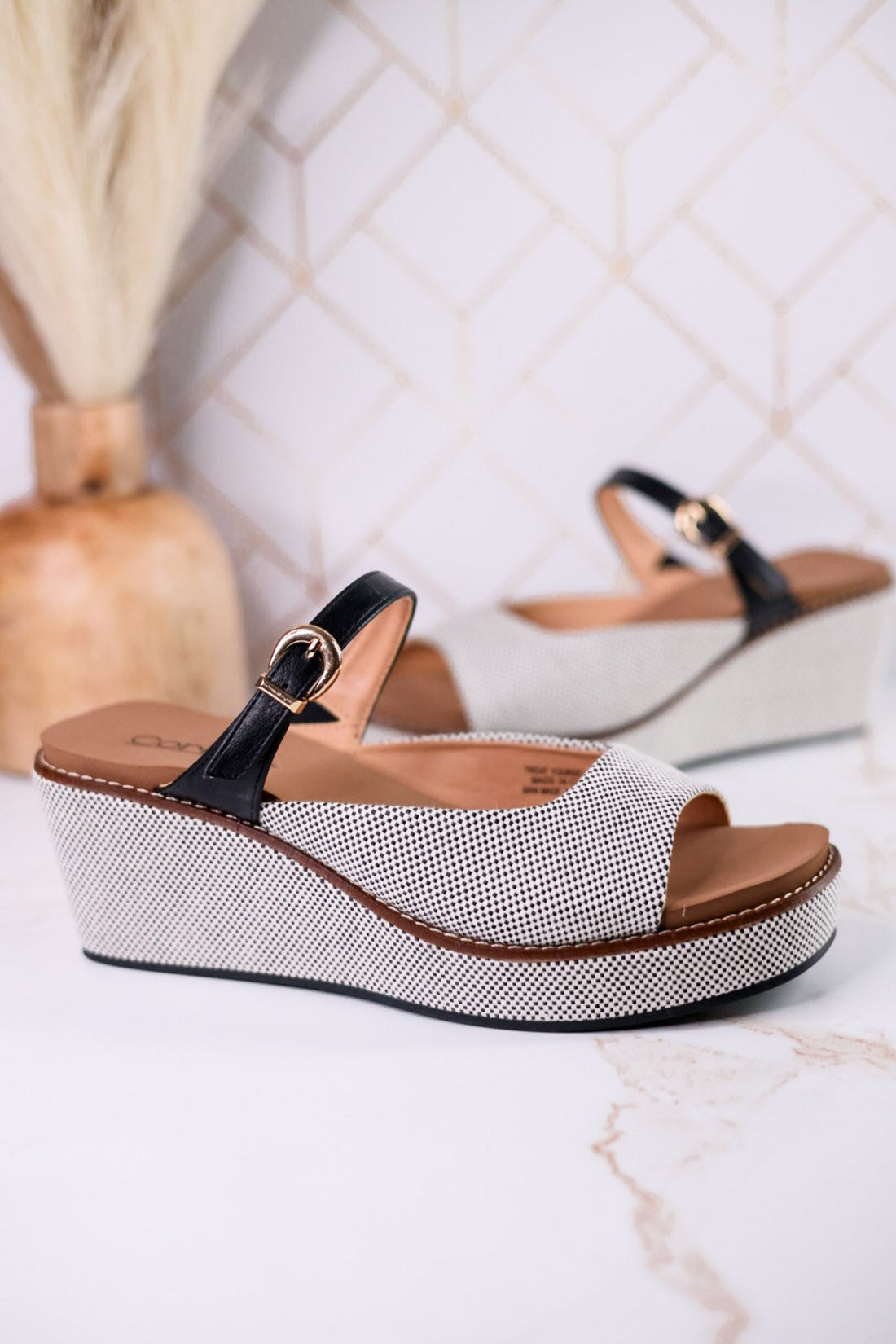 Treat Yourself Black Tweed Peep Toe Wedges - Whiskey Skies - CORKYS FOOTWEAR