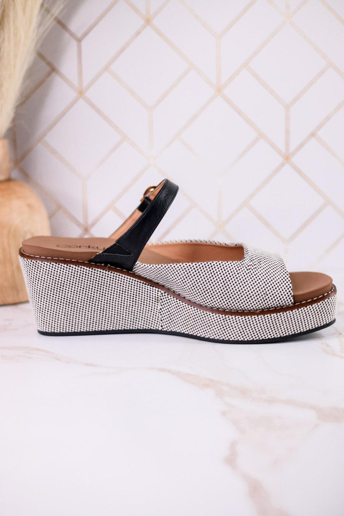 Treat Yourself Black Tweed Peep Toe Wedges - Whiskey Skies - CORKYS FOOTWEAR