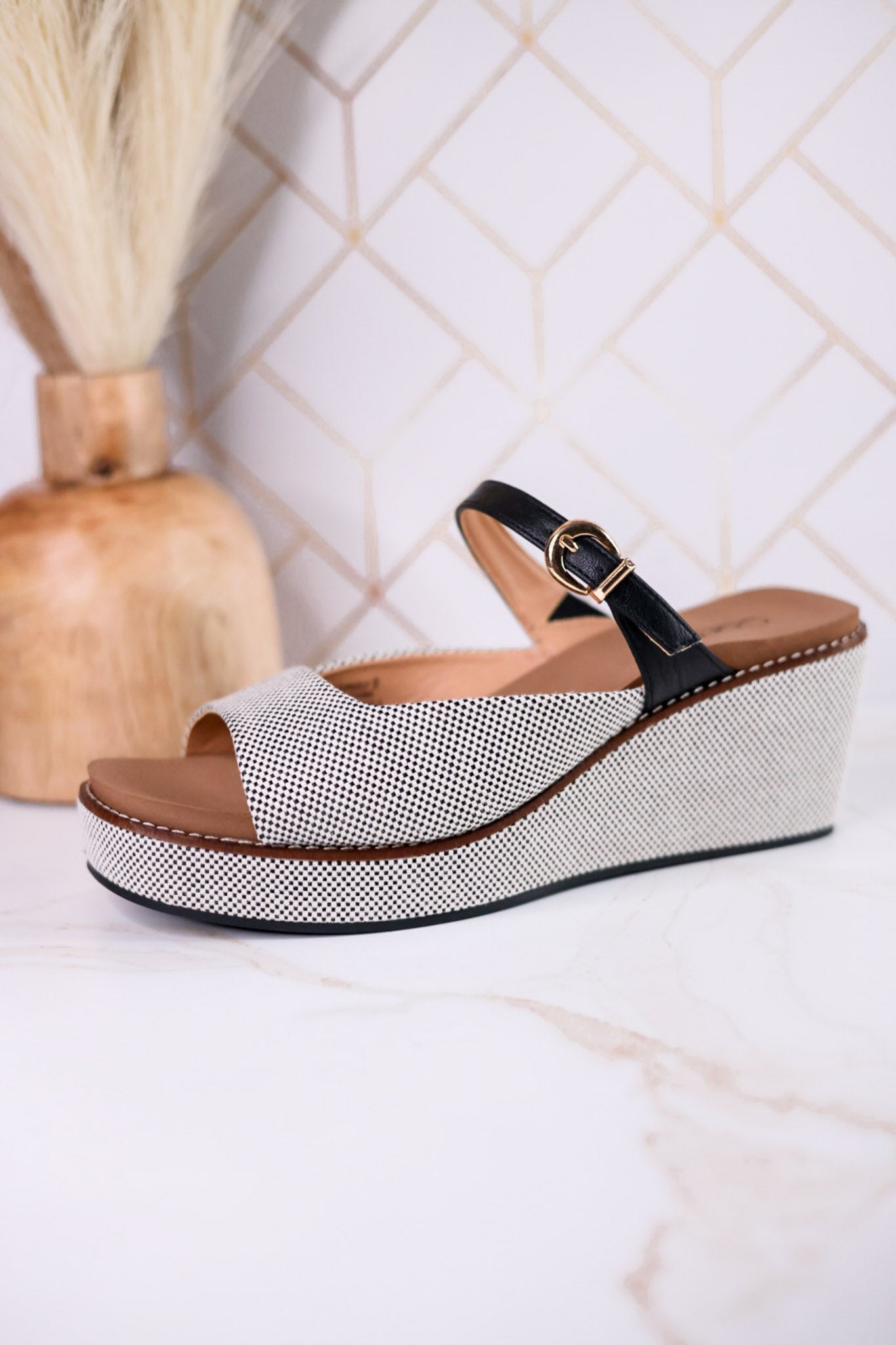 Treat Yourself Black Tweed Peep Toe Wedges - Whiskey Skies - CORKYS FOOTWEAR