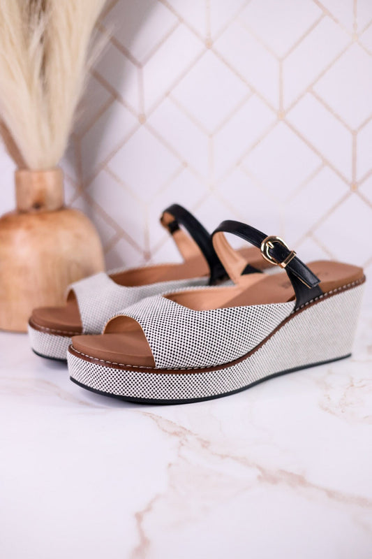 Treat Yourself Black Tweed Peep Toe Wedges - Whiskey Skies - CORKYS FOOTWEAR