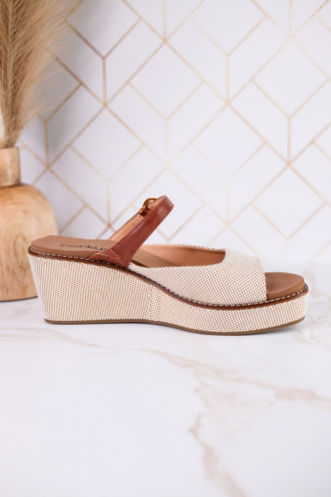 Treat Yourself Bourbon Tweed Peep Toe Wedges - Whiskey Skies - CORKYS FOOTWEAR