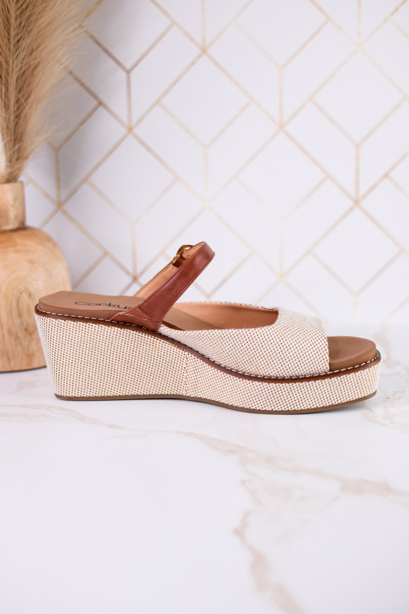 Treat Yourself Bourbon Tweed Peep Toe Wedges - Whiskey Skies - CORKYS FOOTWEAR
