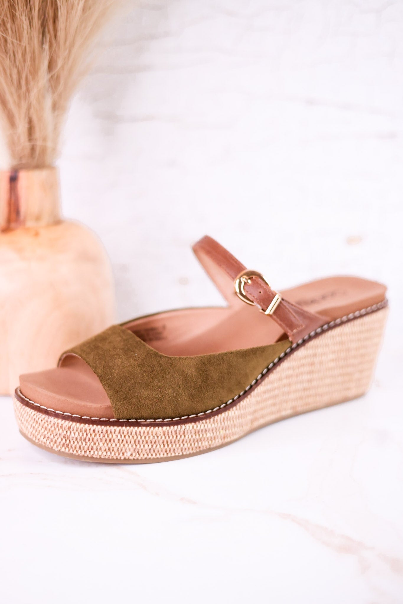 Treat Yourself Moss Green Faux Suede Peep Toe Wedges - Whiskey Skies - CORKYS FOOTWEAR