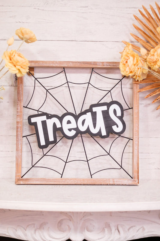 "Treats" Spiderweb Sign with Wooden Frame - Whiskey Skies - ADAMS & CO