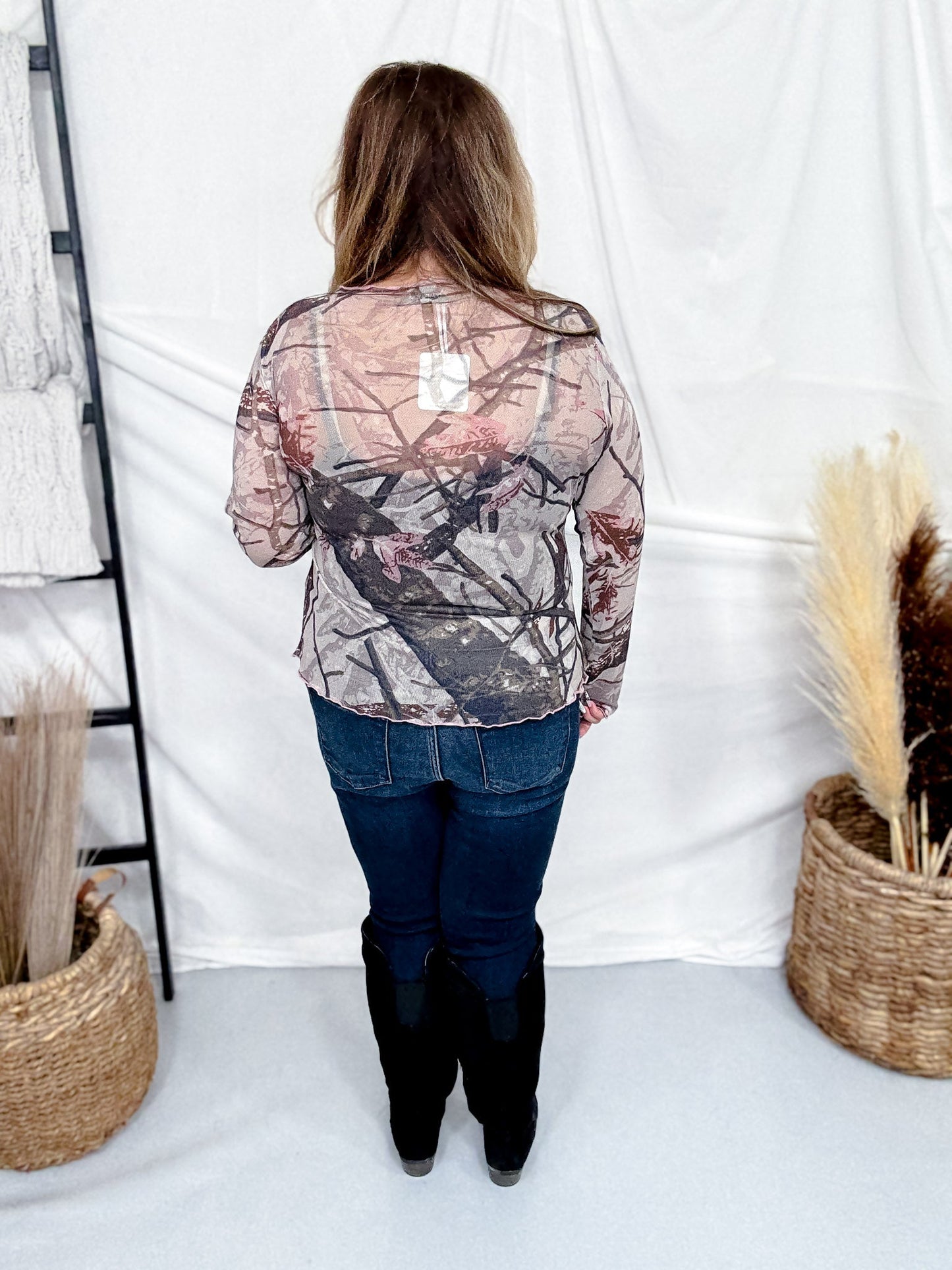 Tree Camo Print Long Sleeve Mesh Top - Whiskey Skies - DAVI & DANI