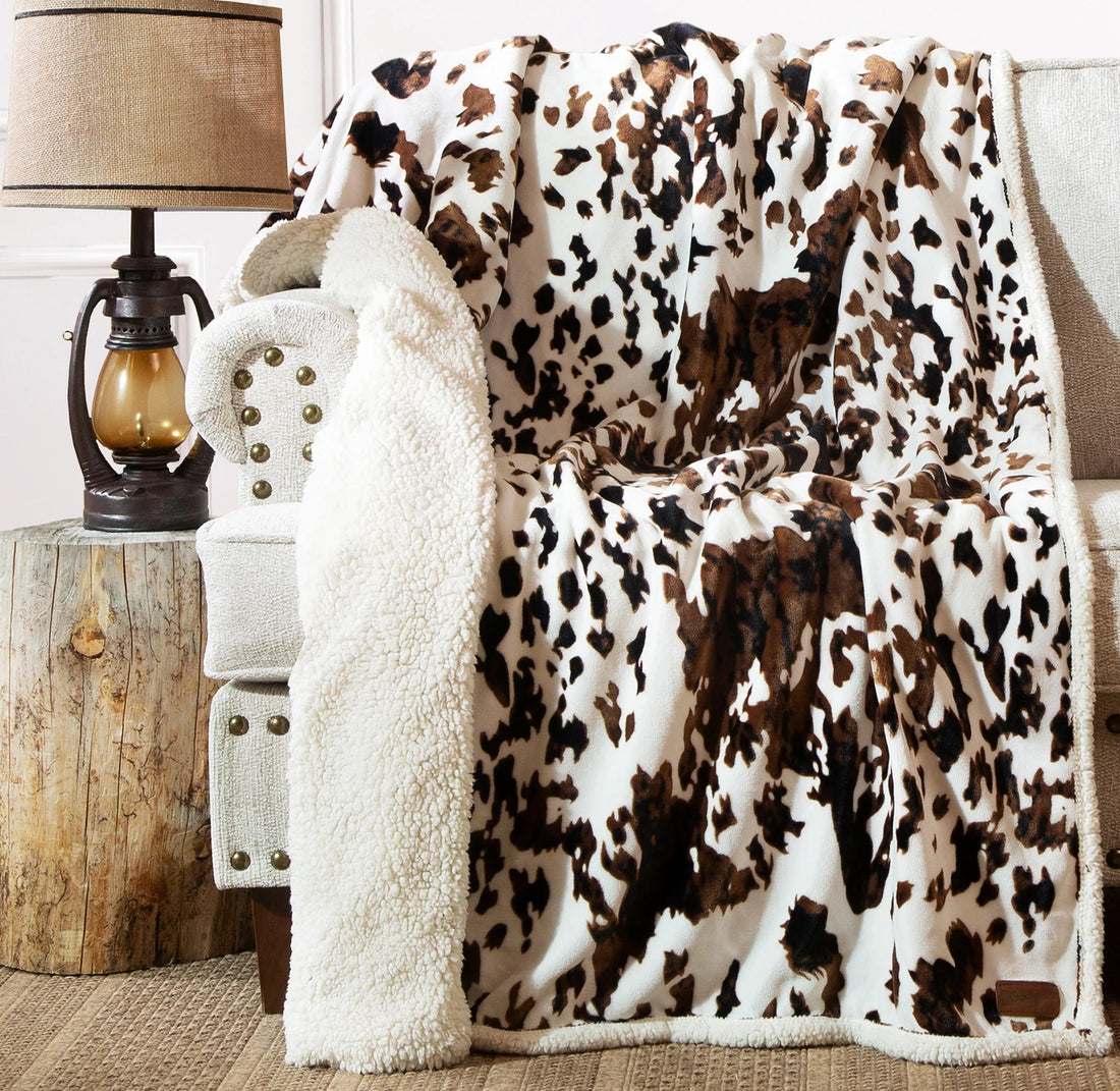 Tri - color Cowhide Plush Sherpa Throw - Whiskey Skies - CARSTEN'S ENTERPRISES INC.