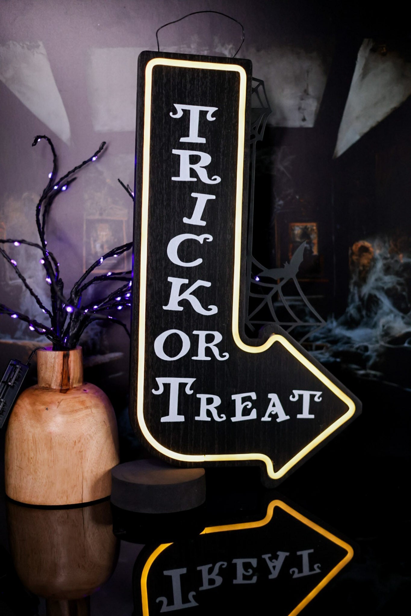 Trick or Treat Hanging Sign With Neon Outline - Whiskey Skies - SPECIAL T IMPORTS INC